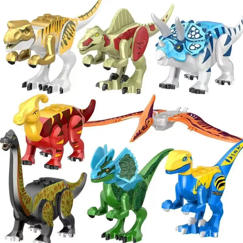 A collection of dinosaur building blocks including a Velociraptor, T-Rex, and other dinosaurs.