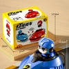 A blue remote control battle car toy for kids is shown next to its original packaging box.