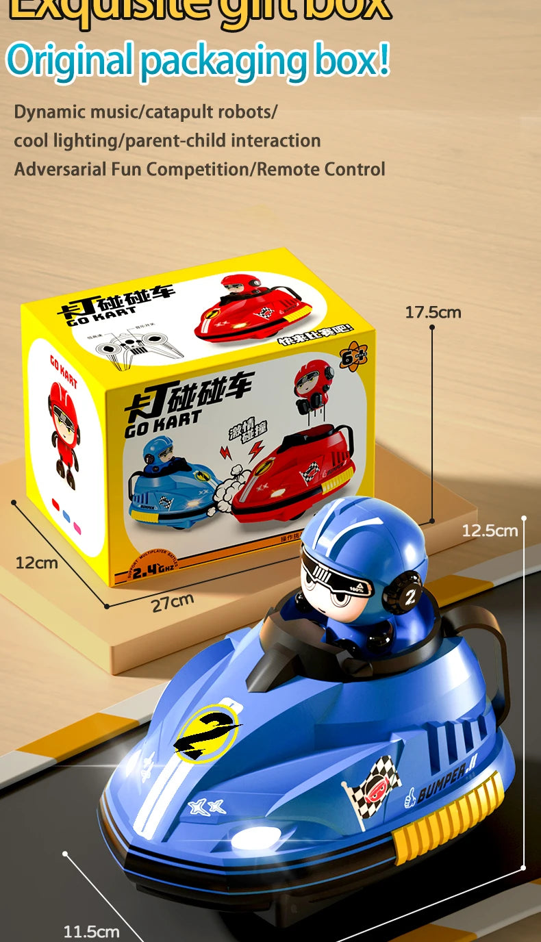 A blue remote control battle car toy for kids is shown next to its original packaging box.