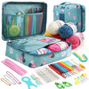 A 59-piece beginner crochet kit with an organizer case showing various yarn, needles, and tools.
