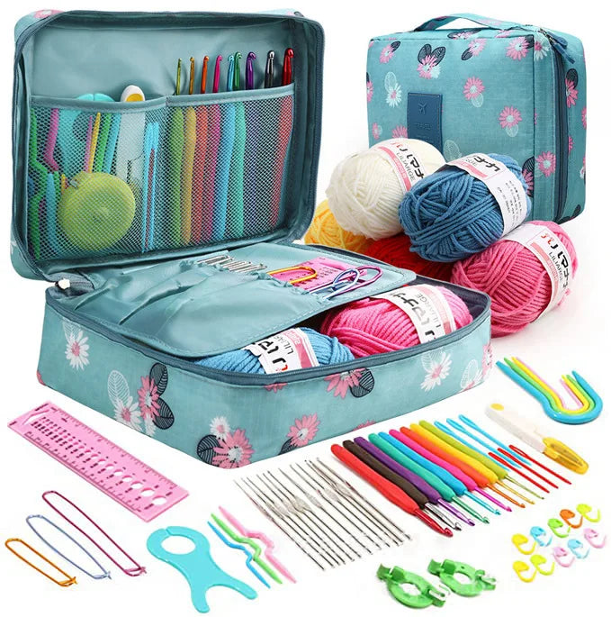 A 59-piece beginner crochet kit with an organizer case showing various yarn, needles, and tools.