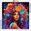 A vibrant diamond painting portrait of an African woman with colorful floral hair and intricate patterns.