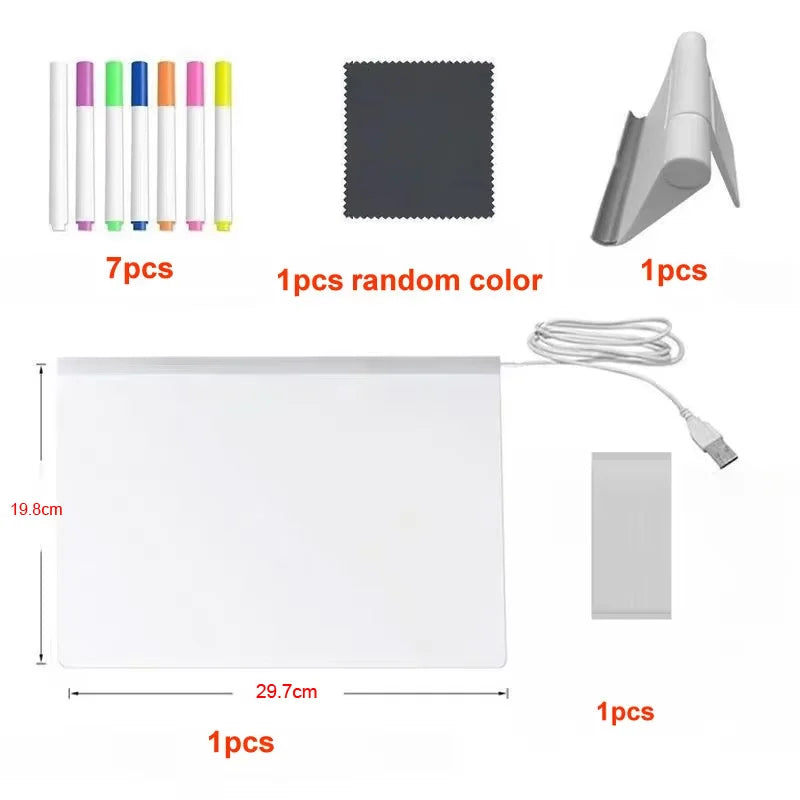 A glowing acrylic message board with a white surface and seven colorful markers, along with accessories.