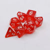 A set of ten red acrylic polyhedral dice, including d4, d6, d8, d10, and d20 shapes.