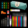 A collection of crochet hooks and knitting needles displayed next to a teal storage bag.