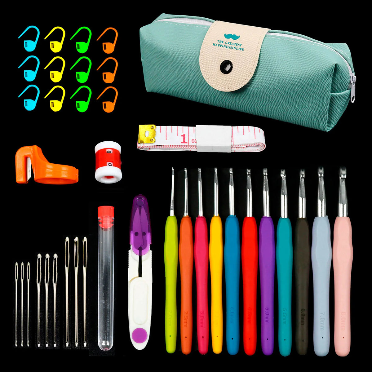 A collection of crochet hooks and knitting needles displayed next to a teal storage bag.