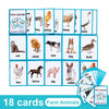 A set of 18 farm animals vocabulary flashcards featuring various livestock and poultry.