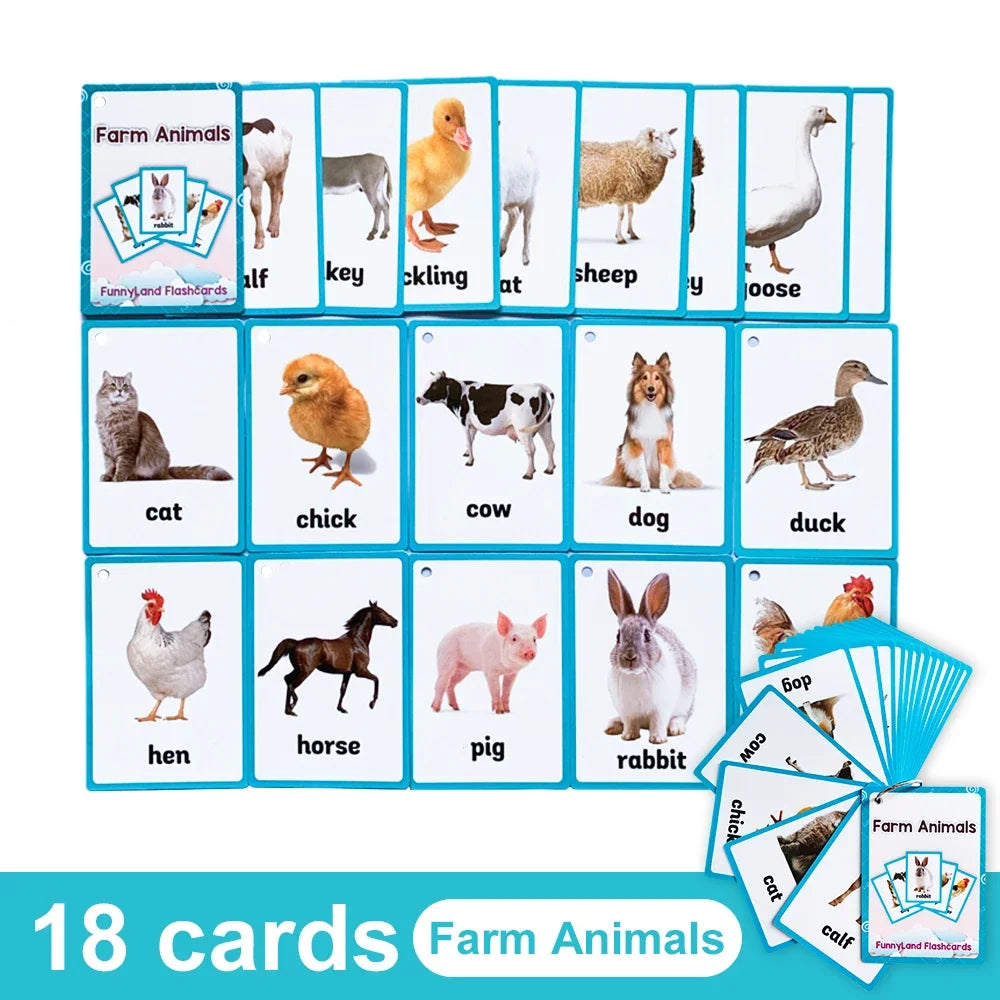 A set of 18 farm animals vocabulary flashcards featuring various livestock and poultry.