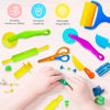 A child's hands are using a complete dough tools kit for kids, including an extruder, rolling pin, and animal cutters.