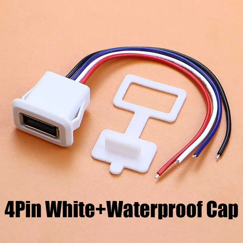 A white waterproof 4-pin connector cable with a female jack and plug is shown on a light orange background.