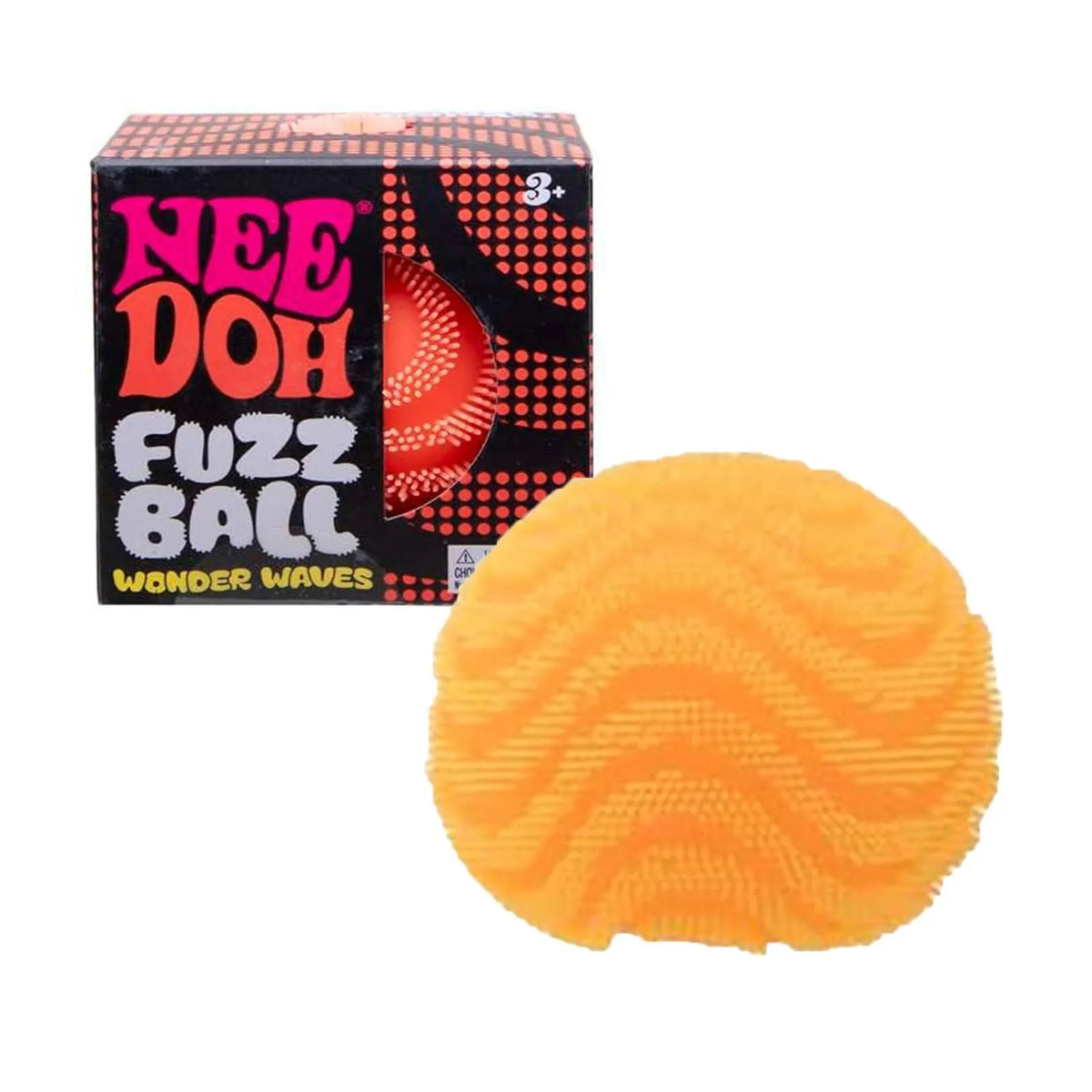 A bright orange fuzz ball sensory fidget toy is shown next to its packaging box.