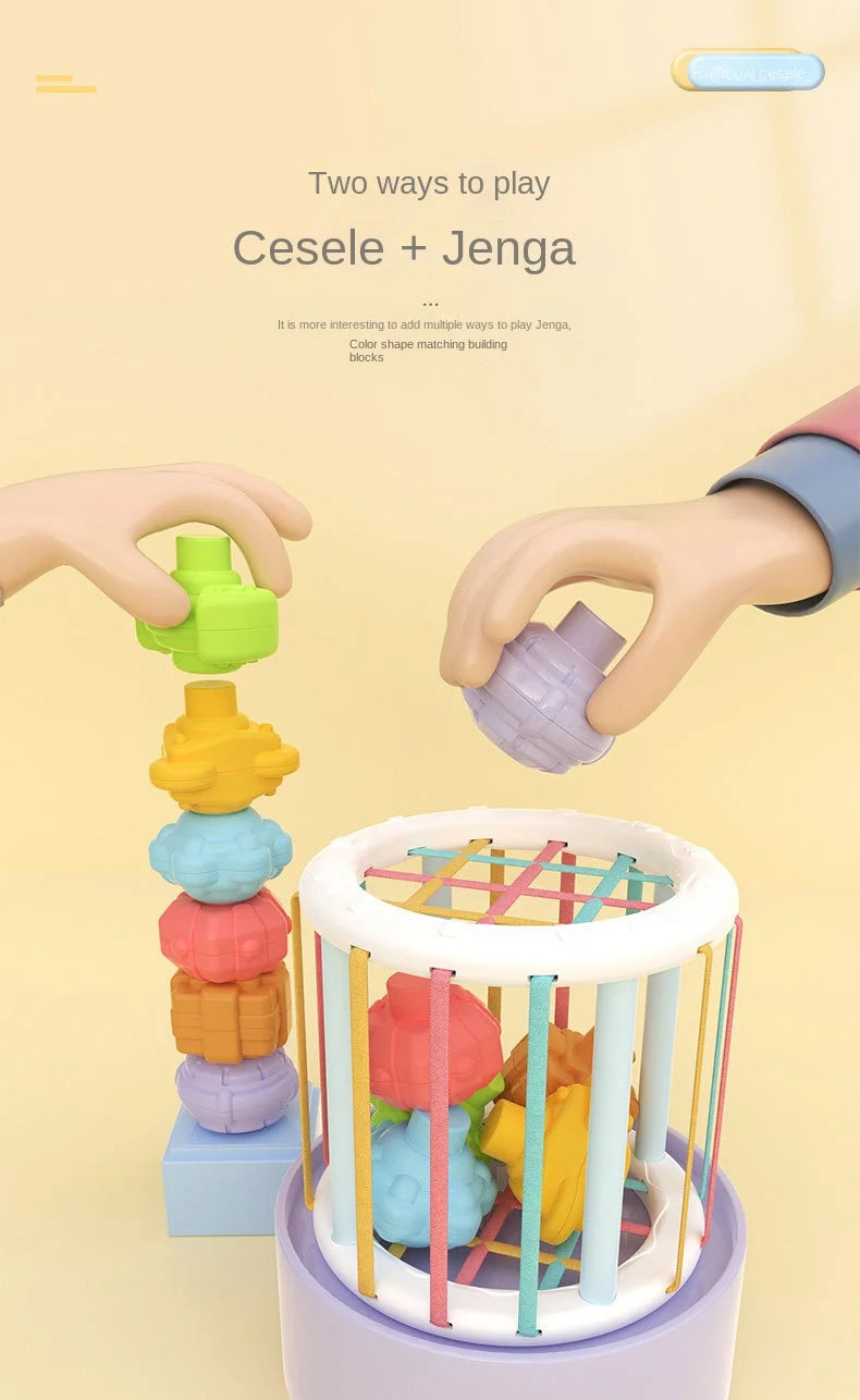 Hands are shown interacting with colorful sorting blocks, demonstrating two ways to play with Cesele and Jenga.
