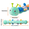 A soft musical rattle caterpillar plush toy showing its head and elongated body with measurement lines.