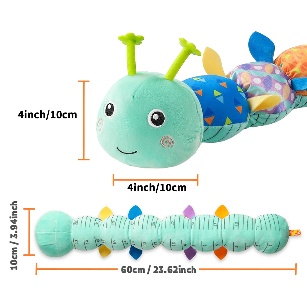 A soft musical rattle caterpillar plush toy showing its head and elongated body with measurement lines.
