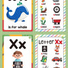 A set of letter sound cards showing the letters Uu, Vv, Ww, Xx, Yy, and Zz with corresponding pictures for learning.