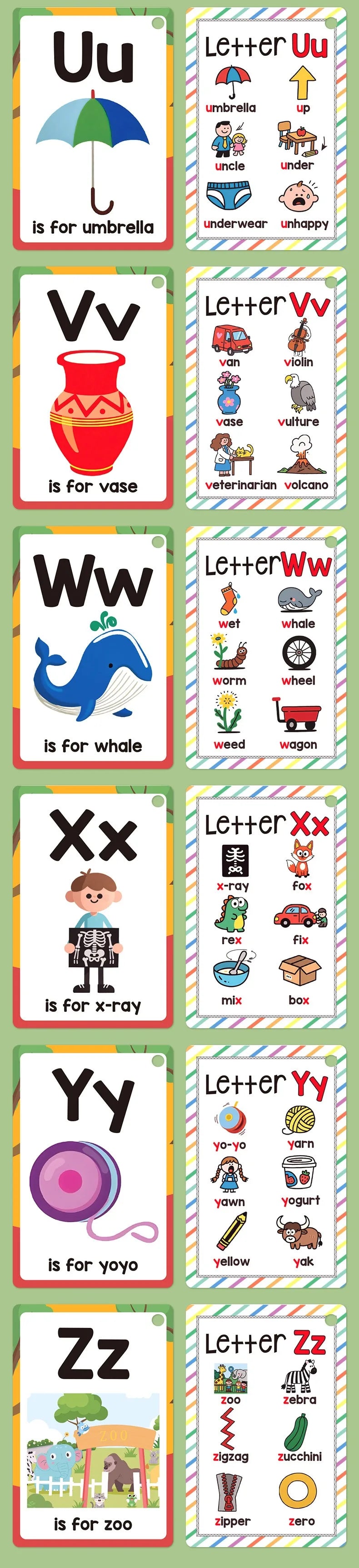 A set of letter sound cards showing the letters Uu, Vv, Ww, Xx, Yy, and Zz with corresponding pictures for learning.
