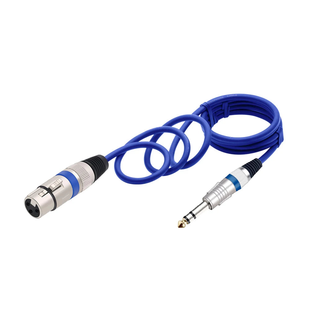 Blue professional XLR to 6.35mm audio cable with coiled wire and connectors