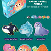 A box of six marine animal puzzles including a killer whale, molded carp, walrus, octopus, globefish, and sea turtle.