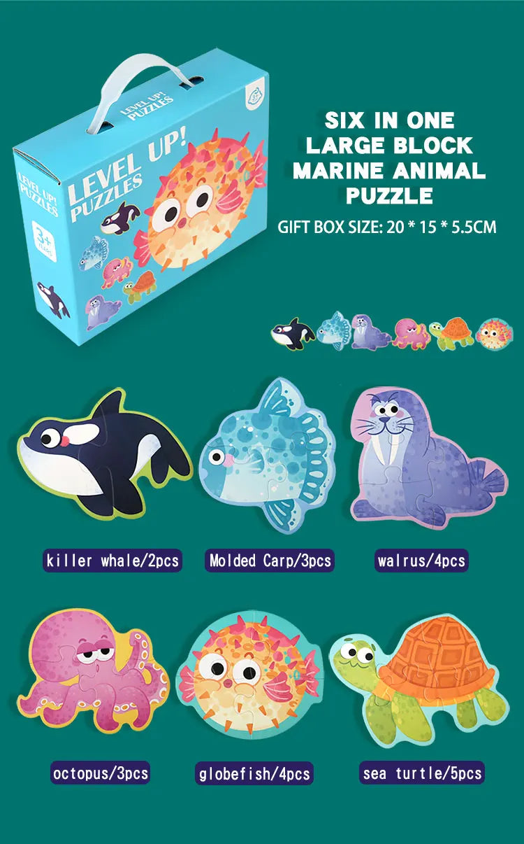 A box of six marine animal puzzles including a killer whale, molded carp, walrus, octopus, globefish, and sea turtle.