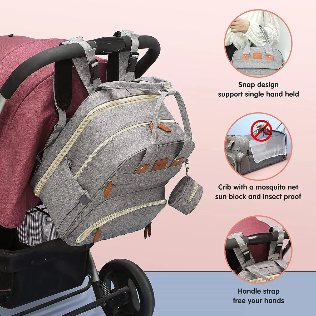 Gray multifunctional diaper bag backpack with a built-in changing pad and handle strap for easy carrying