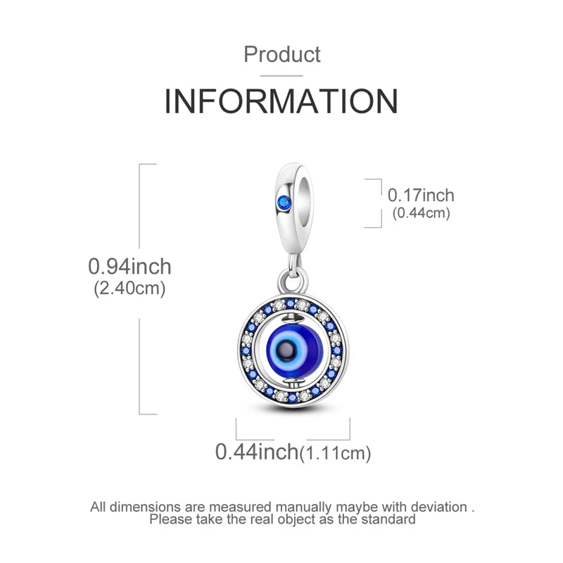 A silver heart charm with a blue eye design and surrounding diamonds.