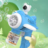 A white bear-shaped automatic bubble gun is shown next to a bottle of bubble solution.