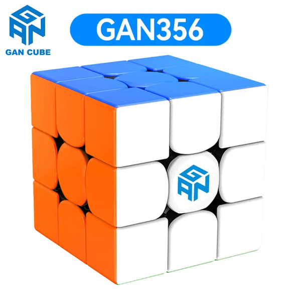 A translucent orange and blue GAN356 cube puzzle with white and orange faces.