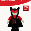 A black plush rabbit toy with red accents and a red mask, measuring 26 cm.