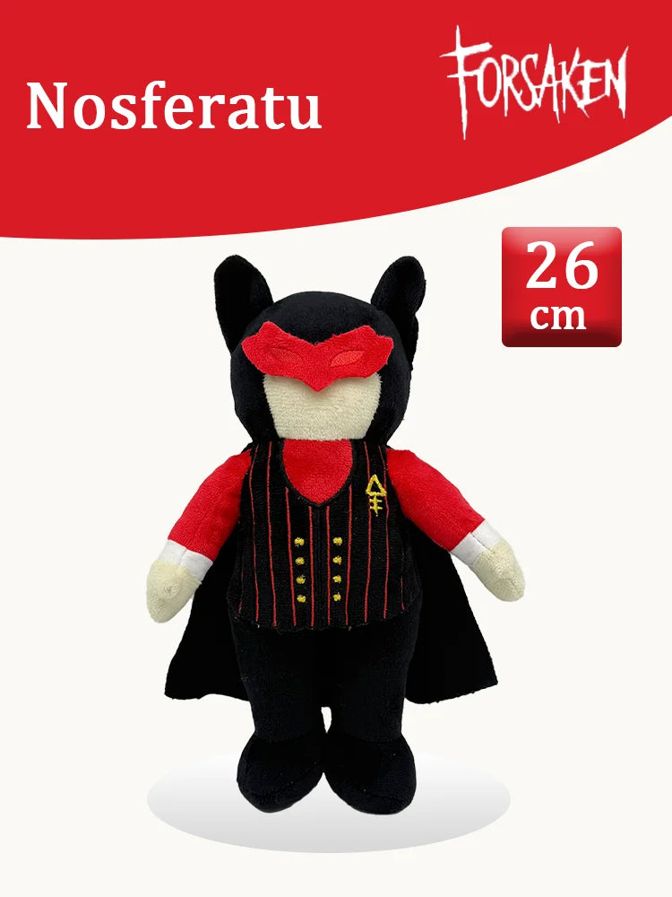 A black plush rabbit toy with red accents and a red mask, measuring 26 cm.