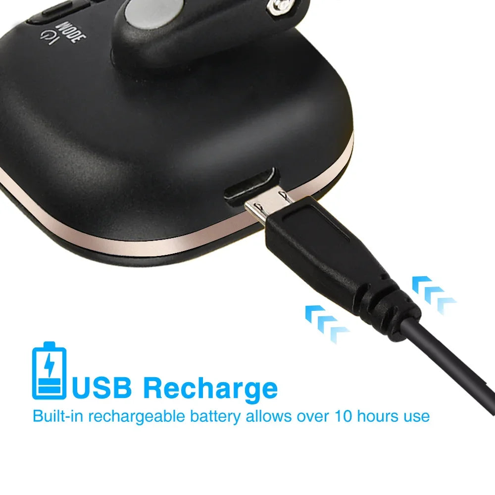Black rechargeable clip-on tuner with a USB charging port and power indicator.