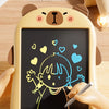 A child-friendly drawing board with a screen showing colorful strokes and a hand drawing on it.