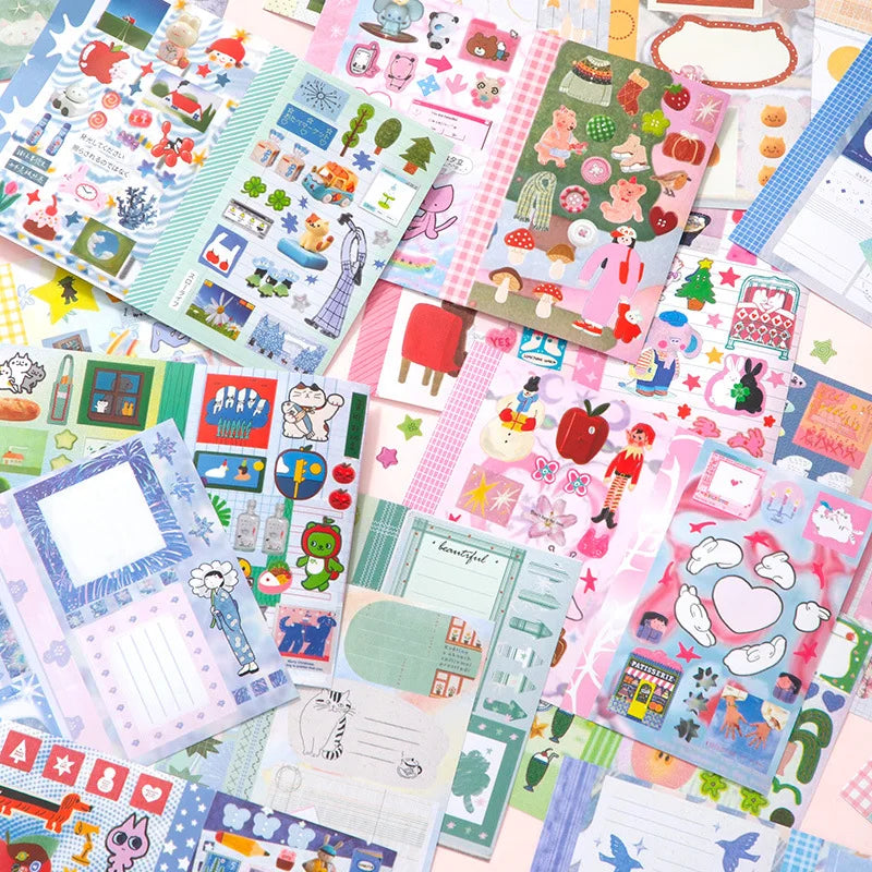 A colorful assortment of kawaii cartoon stickers and writable notes for DIY scrapbooking