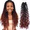 A woman models Goddess Faux Locs crochet hair extensions featuring soft curly ombre dreadlocks in a reddish-brown color.