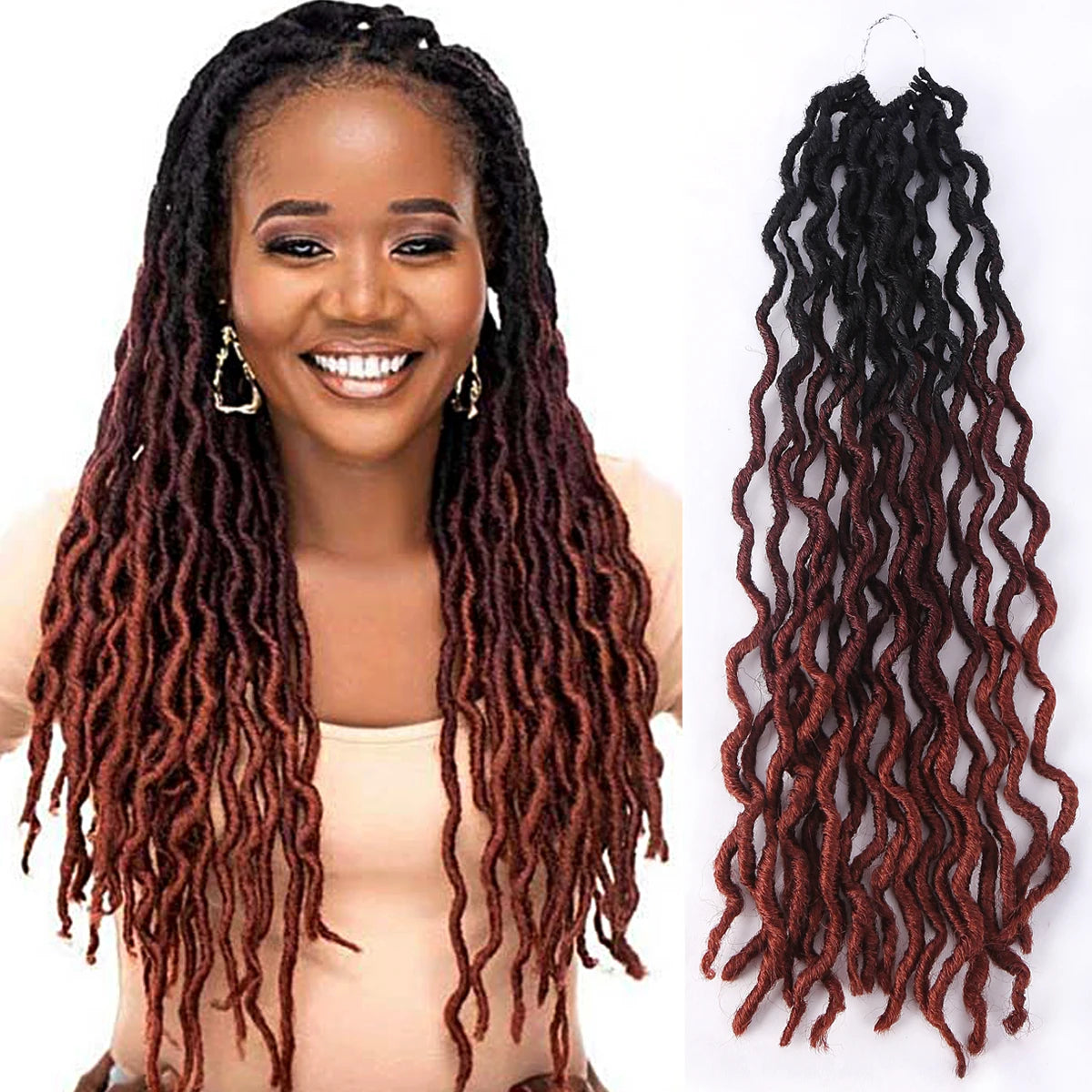 A woman models Goddess Faux Locs crochet hair extensions featuring soft curly ombre dreadlocks in a reddish-brown color.