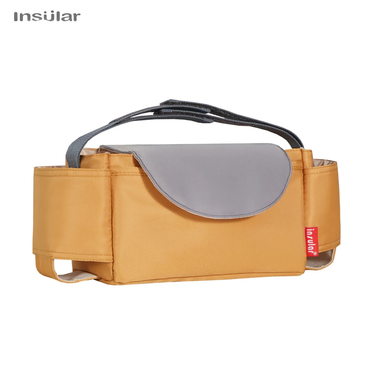 A tan bottle holder and cup carrier with a gray padded cover and black strap.