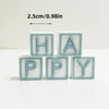 A set of light blue wooden alphabet blocks spelling HAPPY, measuring 2.5cm or 0.98in.