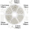 A circular organizer case containing various silver jewelry making supplies including wire, beads, and findings.