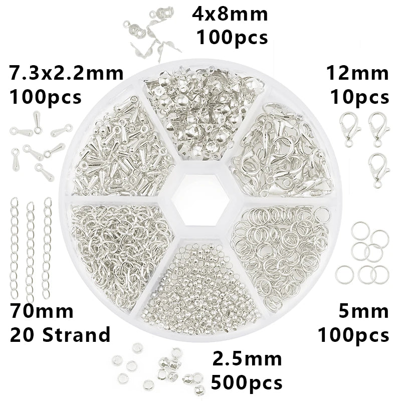A circular organizer case containing various silver jewelry making supplies including wire, beads, and findings.