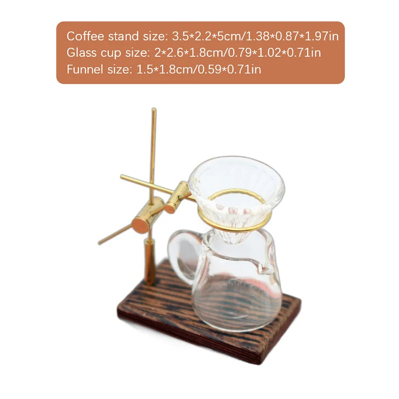 A miniature hand-brewed coffee stand set for dollhouse featuring a glass cup, funnel, and stand.