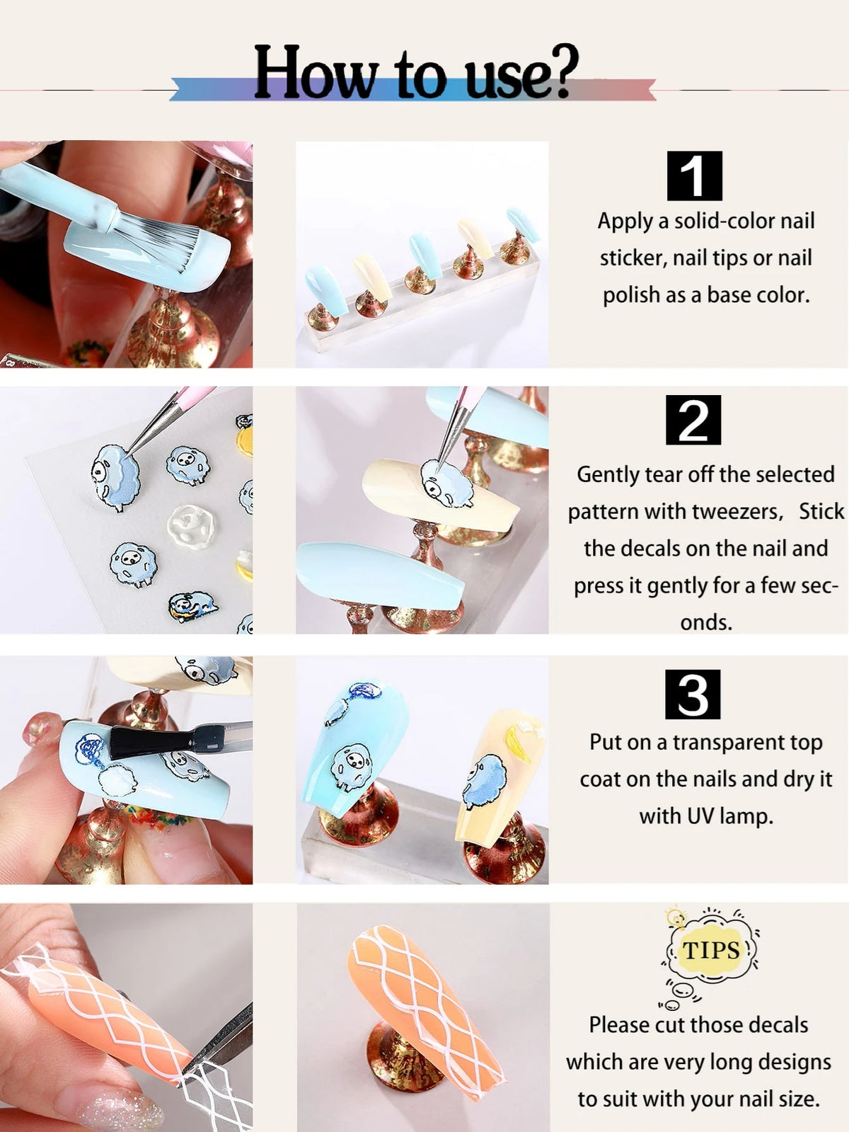 Instructions for applying vintage angel and saint nail art stickers with cherubs and crosses onto nails.