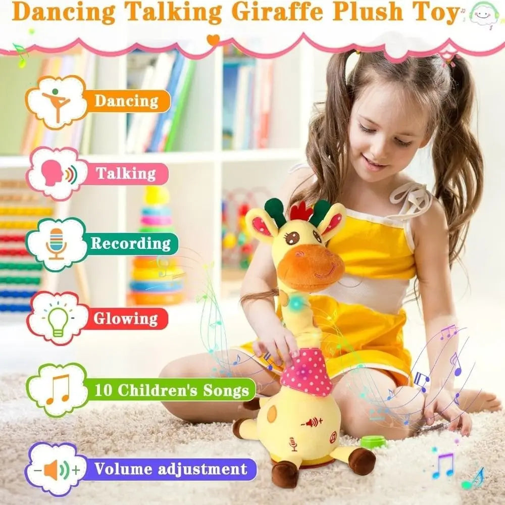 A young girl is playing with a yellow dancing talking giraffe plush toy that features recording and glowing functions.