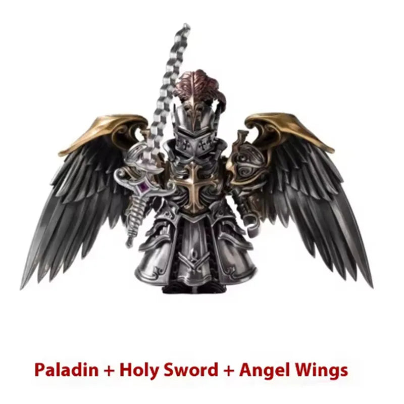 A silver figurine of a paladin with a holy sword and angel wings.