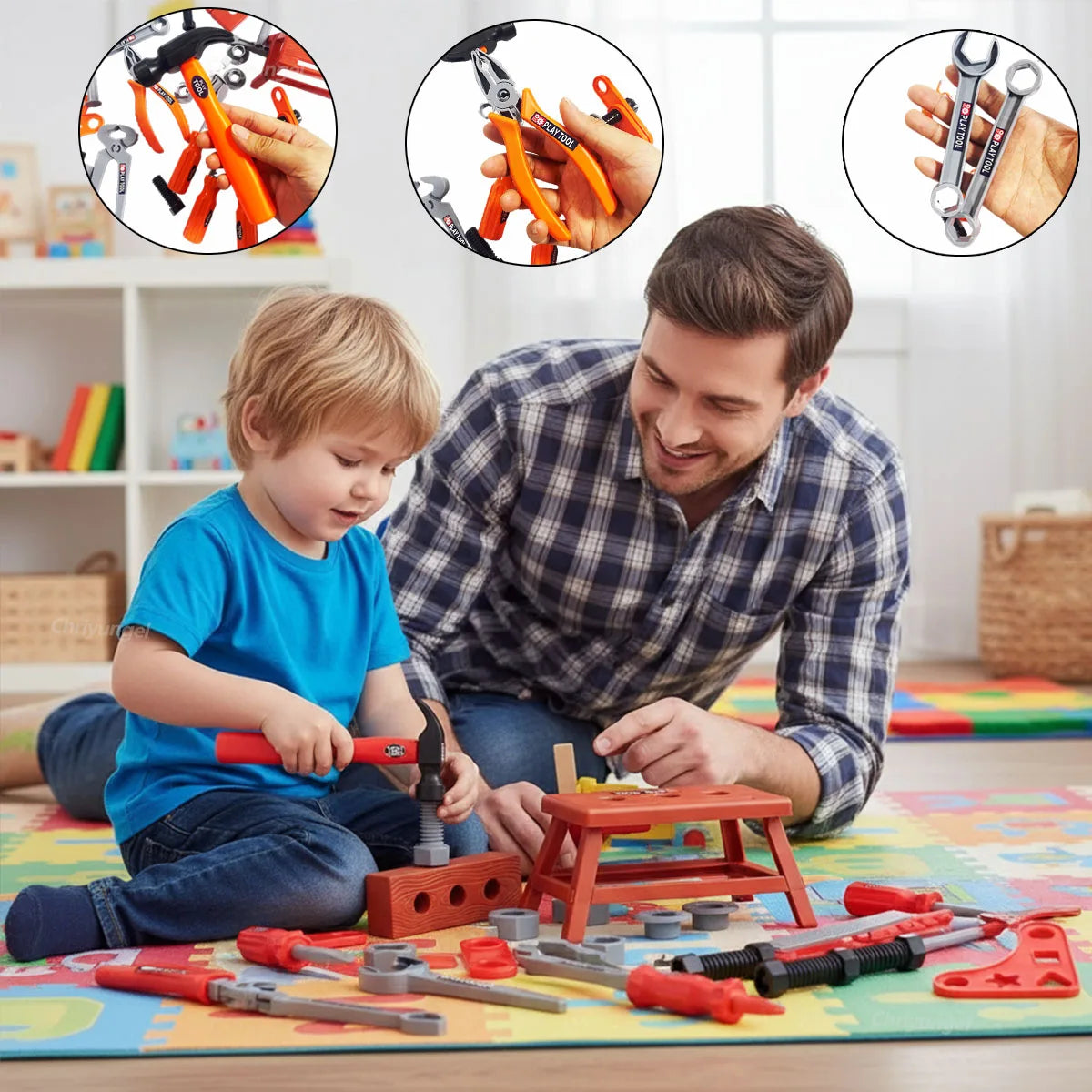 A man and a child play with an orange kids pretend play tool set featuring an electric drill on a colorful mat.