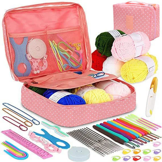 A pink organizer case containing a 59-piece beginner crochet kit with various colored yarn and tools.
