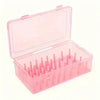 A pink transparent sewing thread organizer with 42 bobbins and 24 compartments.