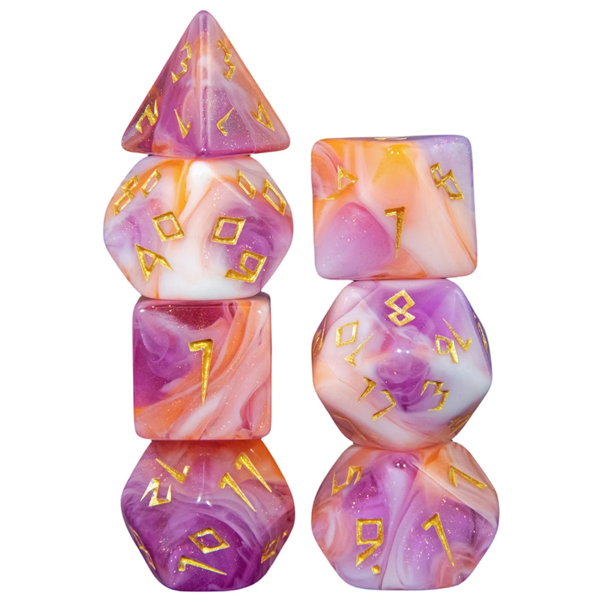 A set of seven glitter polyhedral dice in various colors including pink, purple, and orange.