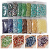 Assortment of natural tumbled stone chips in various colors and textures packaged in clear plastic bags