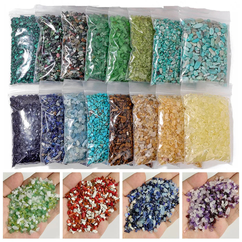 Assortment of natural tumbled stone chips in various colors and textures packaged in clear plastic bags
