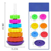A colorful rainbow spin tower stacking toy with multiple colored discs and a base for toddlers.