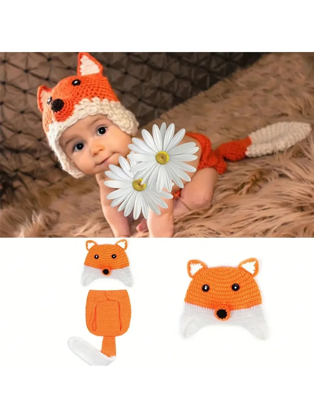 Handmade crochet fox costume for baby photography featuring an orange and white knitted hat and body.